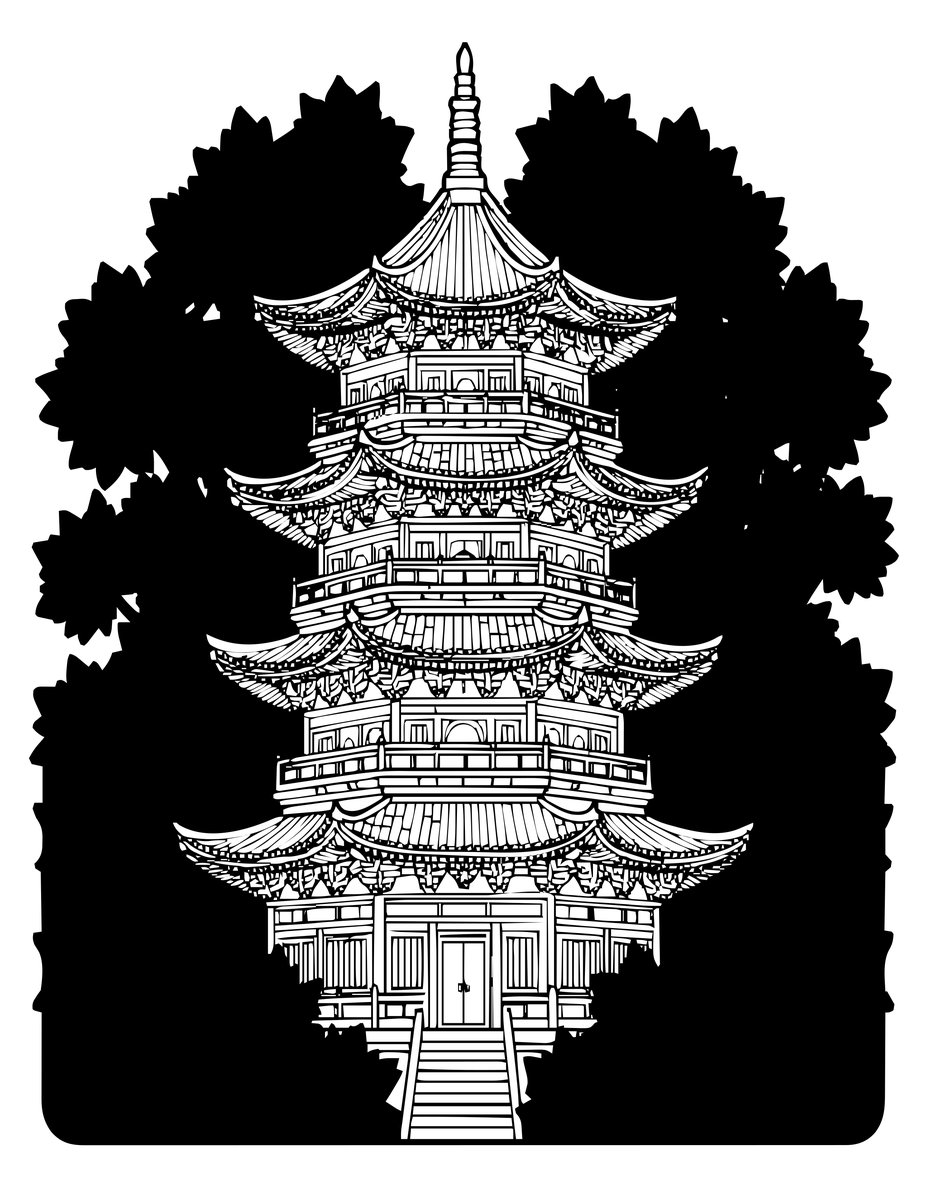 Pagoda in Autumn - free printable coloring page