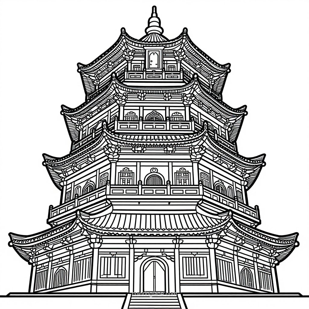 Pagoda and Koi Pond - free printable coloring page