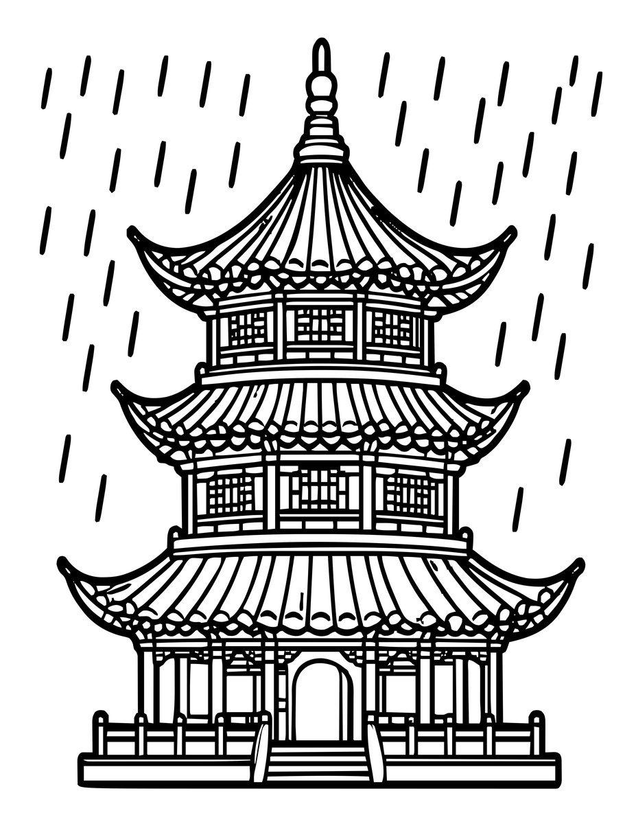 Pagoda in Rainstorm - free printable coloring page