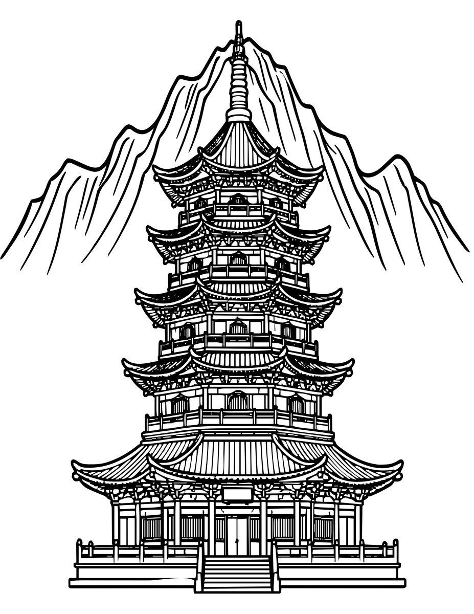 Pagoda and Mountain - free printable coloring page