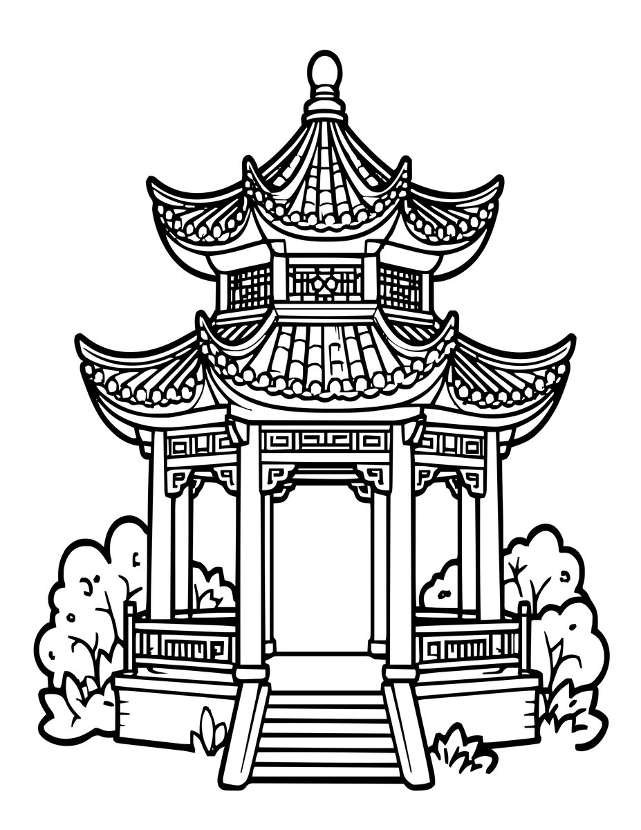 Pagoda and Fireflies - free printable coloring page