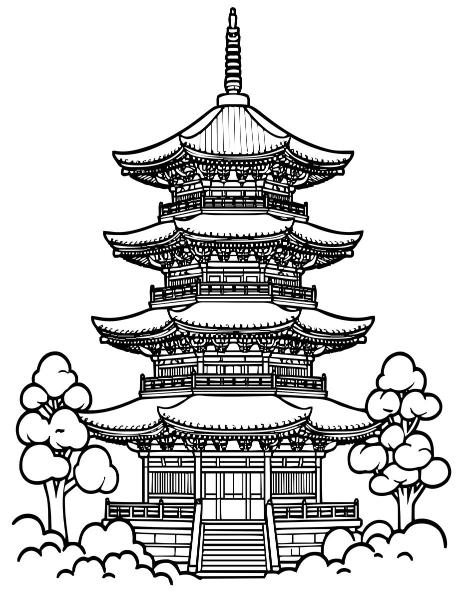 Pagoda in Snow - free printable coloring page