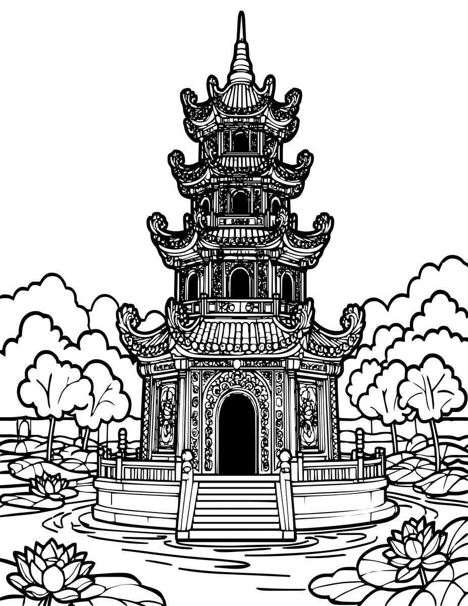 Vietnamese Pagoda - free printable coloring page