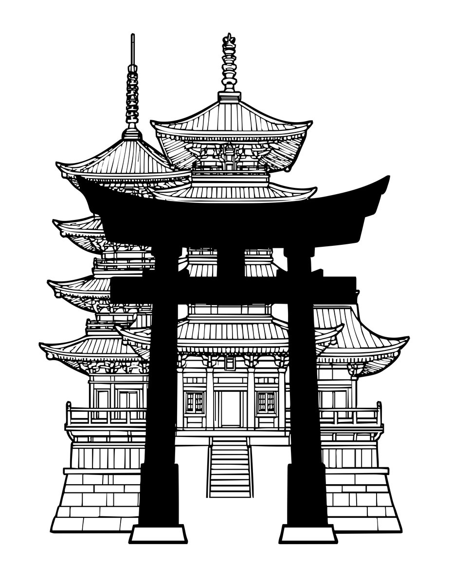Pagoda and Torii - free printable coloring page