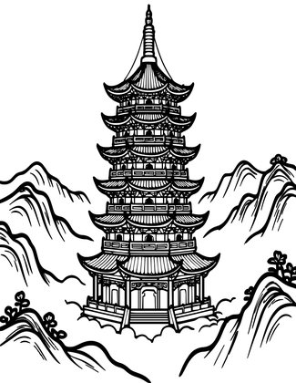 Floating Pagoda - Free printable coloring page