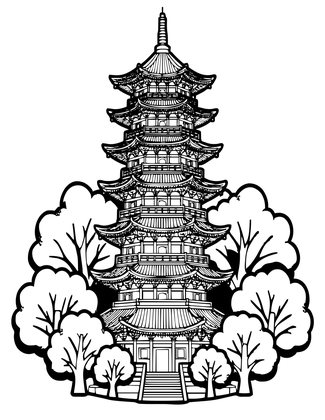 Pagoda in Cherry Blossoms - Free printable coloring page