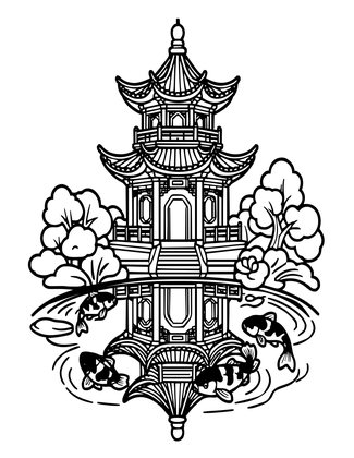 Pagoda and Koi Pond - Free printable coloring page
