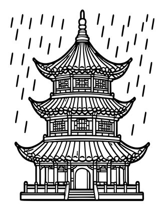 Pagoda in Rainstorm - Free printable coloring page