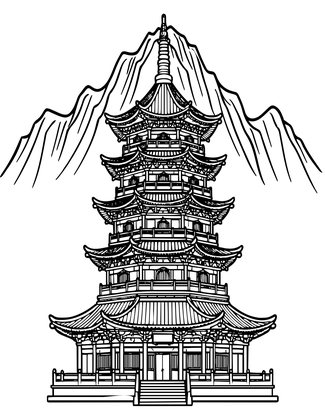 Pagoda and Mountain - Free printable coloring page