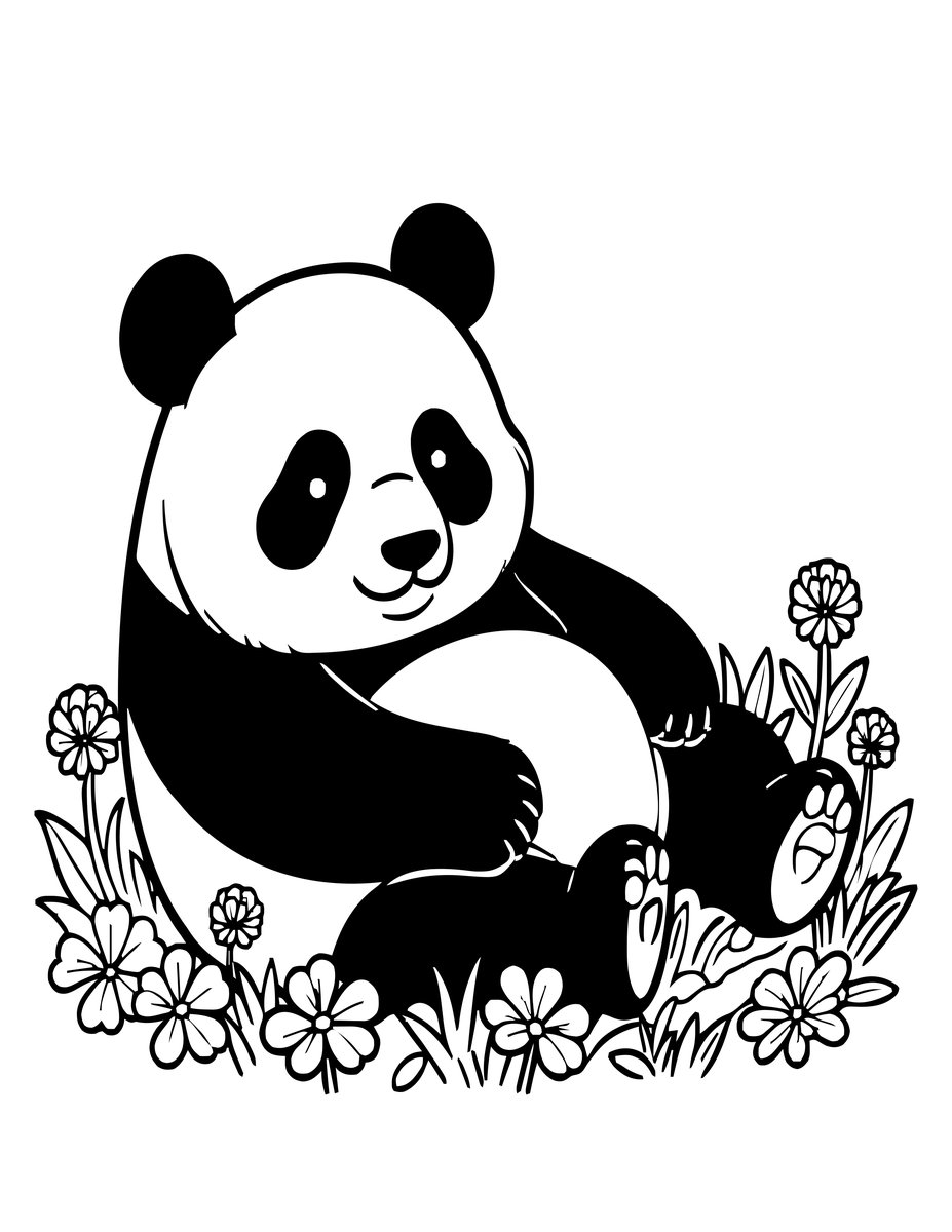 Panda with Flowers - free printable coloring page