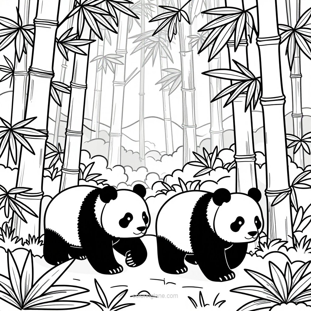 Pandas in Bamboo Forest - free printable coloring page