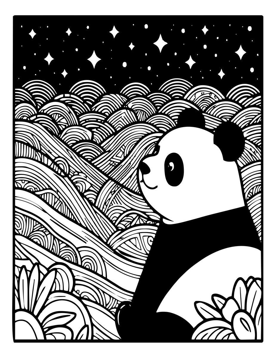 Panda Under Stars - free printable coloring page
