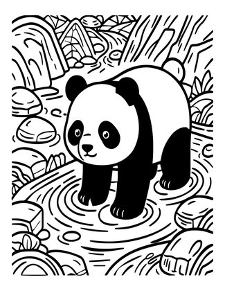 Panda in Stream - Free printable coloring page
