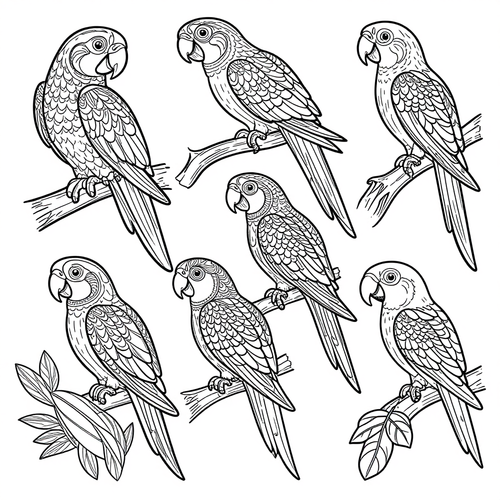 Parrots Macaws coloring pages collection - 30 free printable pages