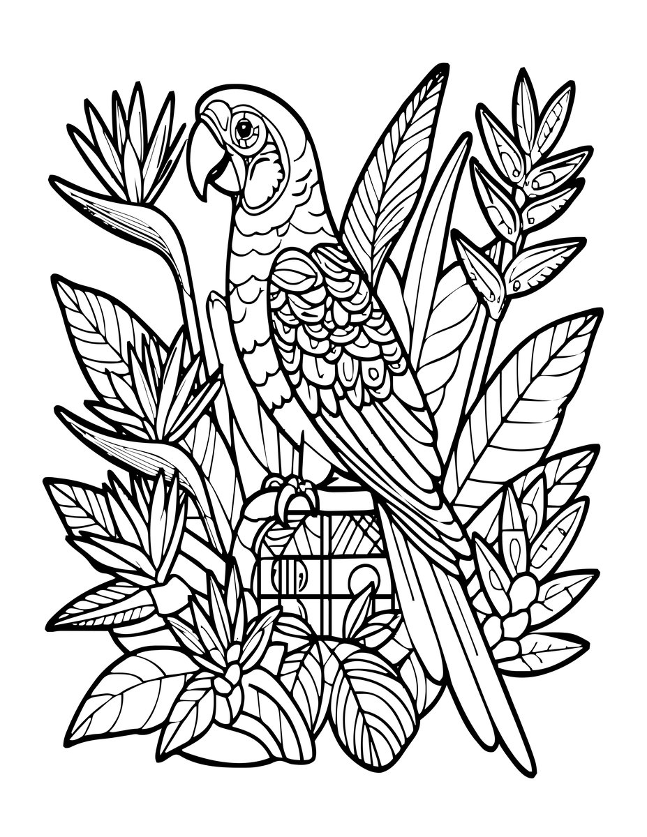 Macaw and Tropical Flowers - free printable coloring page