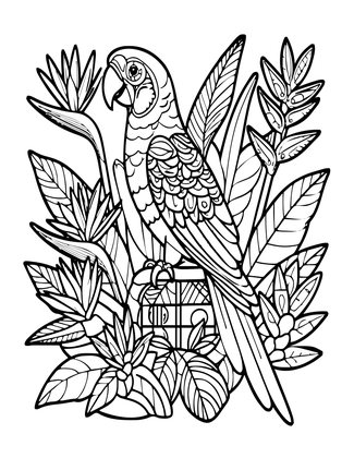 Macaw and Tropical Flowers - Free printable coloring page
