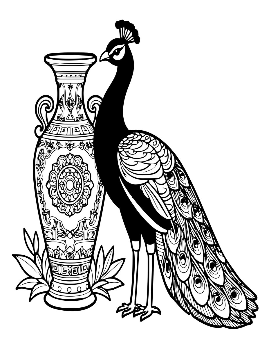 Peacock and Vase - free printable coloring page