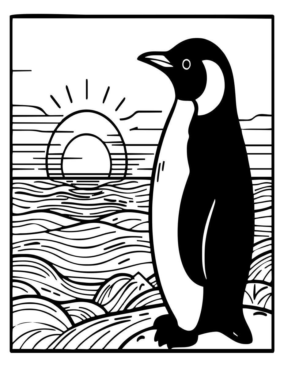 Penguin at Sunset - free printable coloring page
