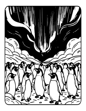 Penguin Under Aurora - Free printable coloring page