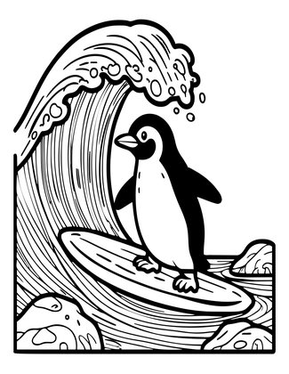 Penguin Surfing Wave - Free printable coloring page