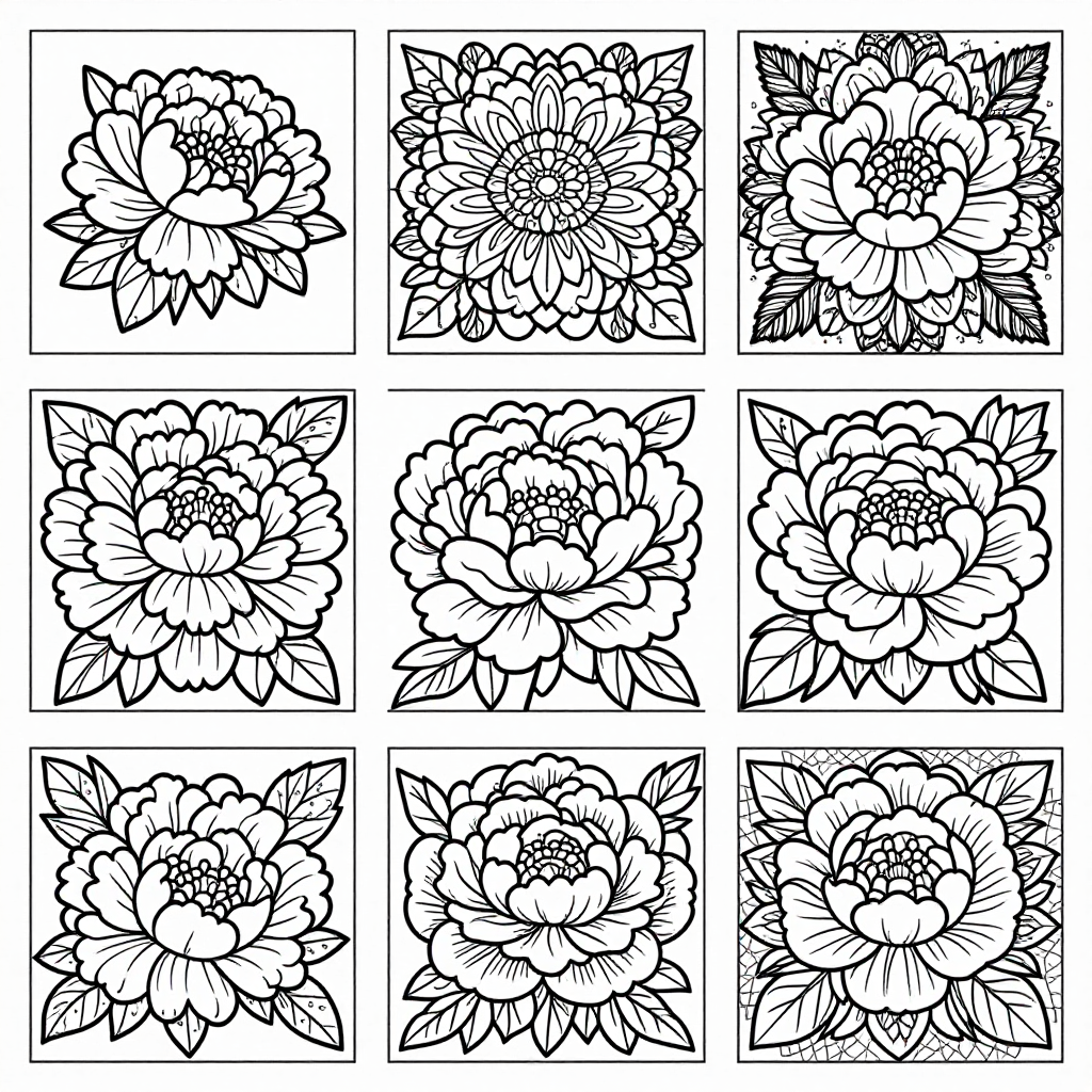 Peonies coloring pages collection - 30 free printable pages