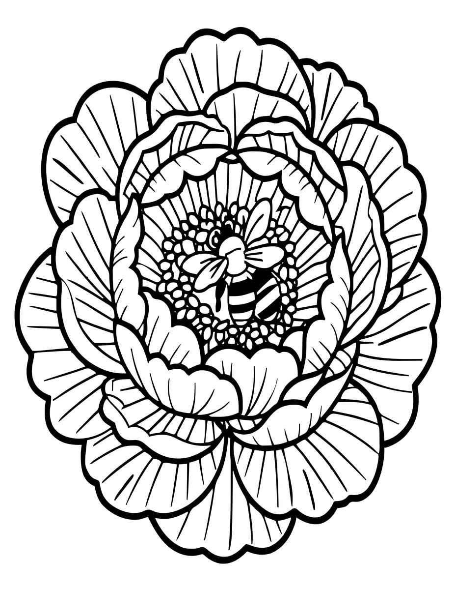 Peony and Bee - free printable coloring page