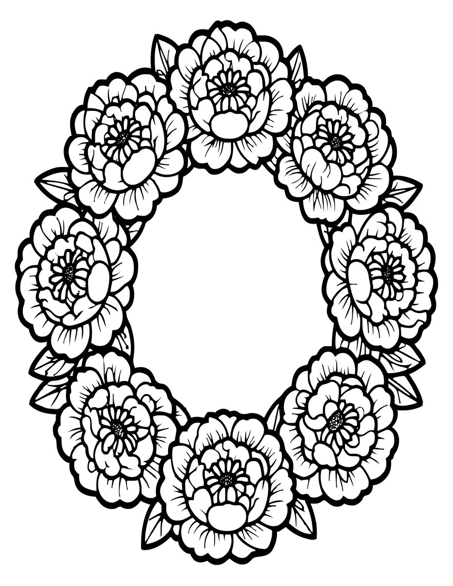 Peony Wreath - free printable coloring page