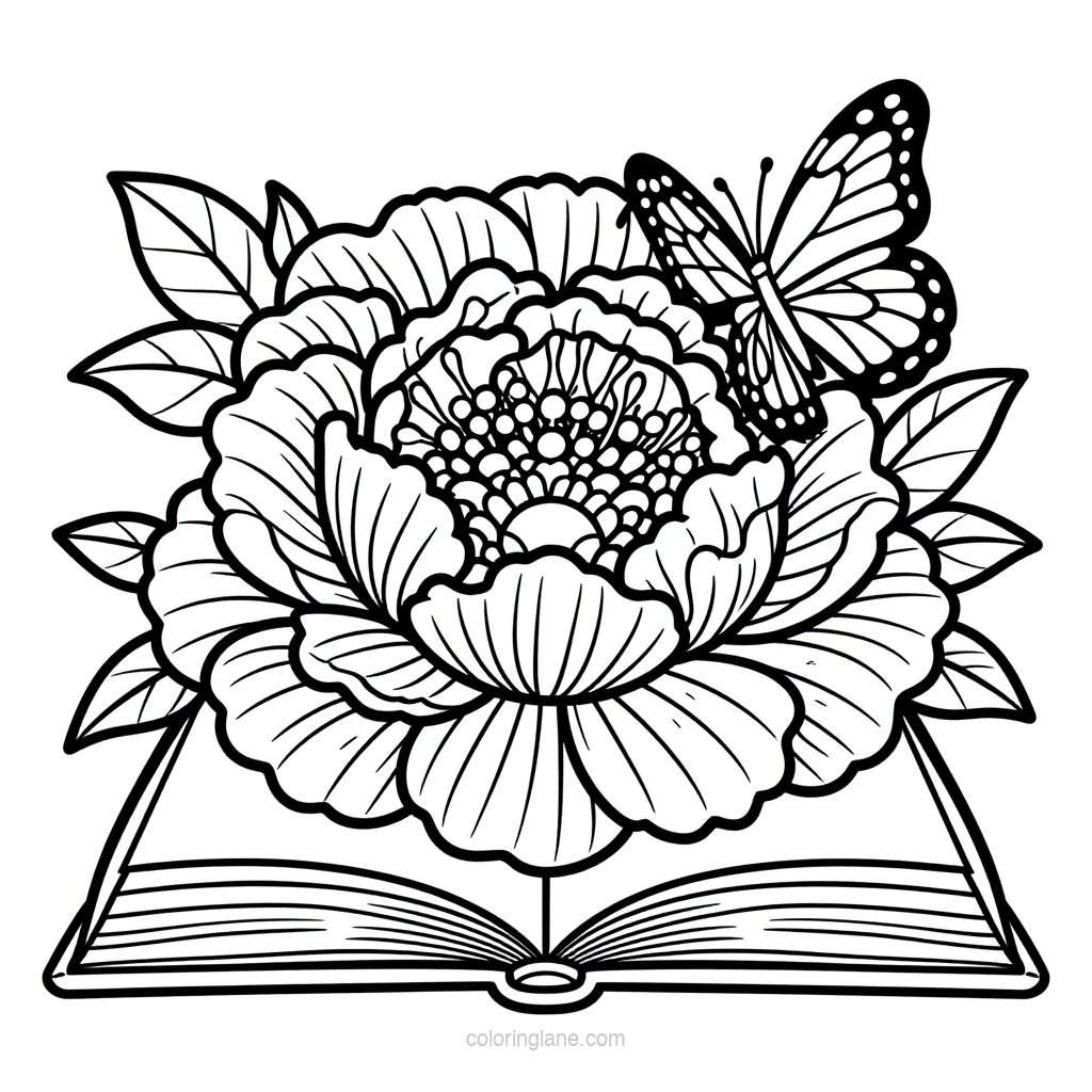 Peony and Butterfly - free printable coloring page