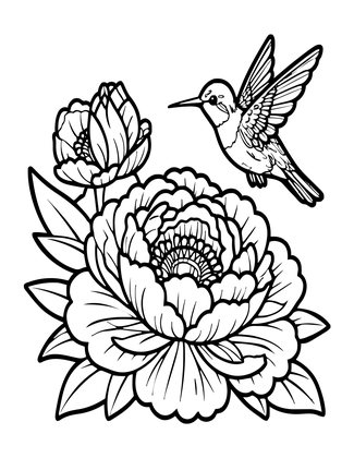 Peony and Hummingbird - Free printable coloring page