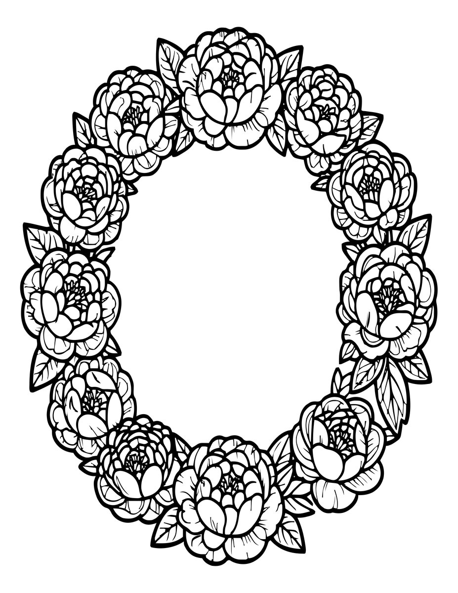 Peony Wreath - free printable coloring page