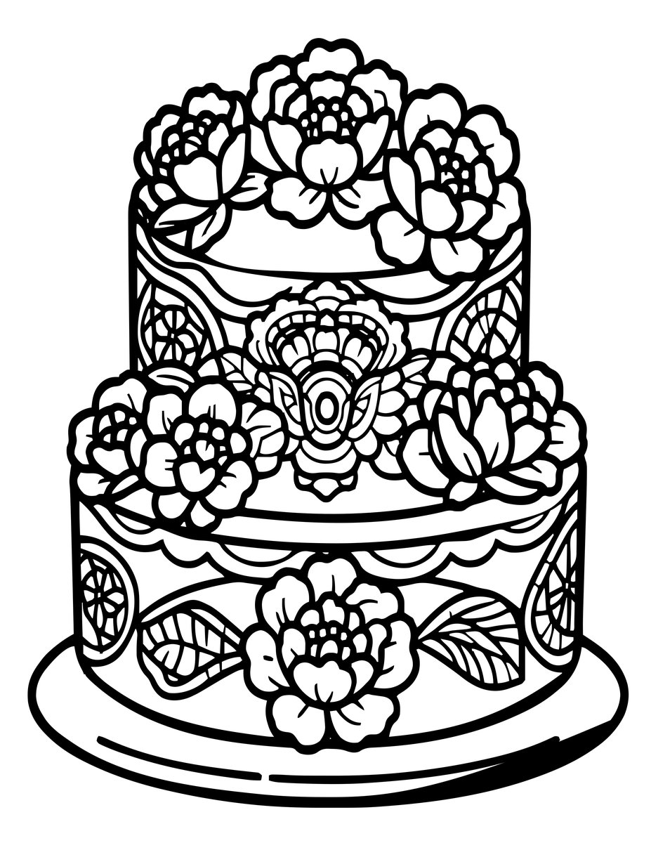 Peony Cake - free printable coloring page