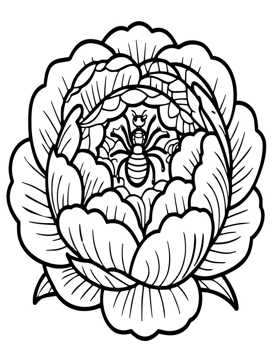 Peony and Ant - free printable coloring page