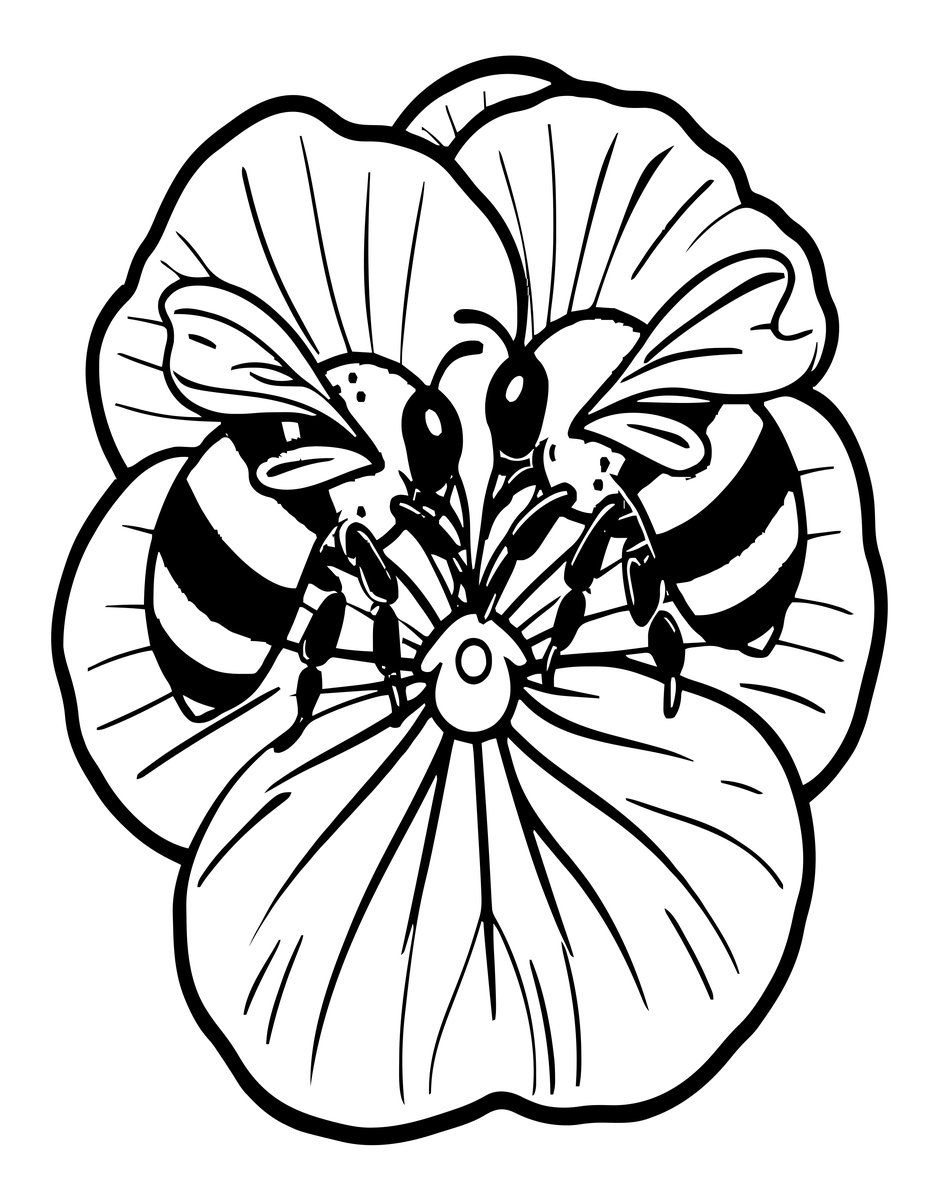 Bee on Pansy - free printable coloring page