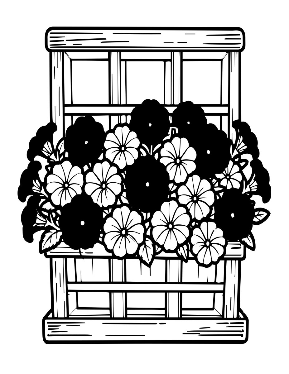 Window Box Petunias - free printable coloring page