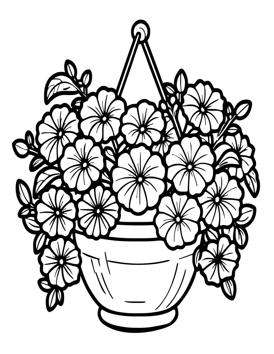 Petunia Hanging Basket - free printable coloring page
