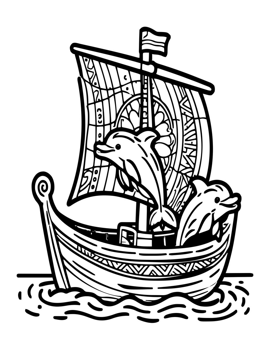 Ship and Dolphin - free printable coloring page