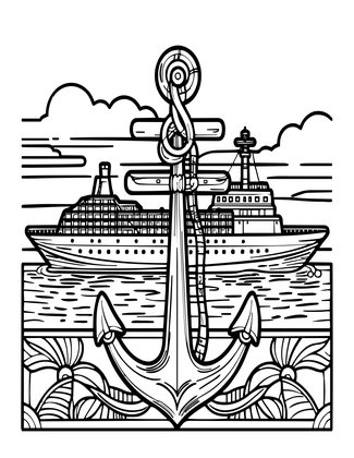 Ship in Harbor Sunset - Free printable coloring page