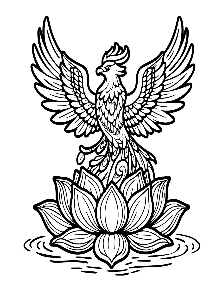 Phoenix and Lotus - free printable coloring page