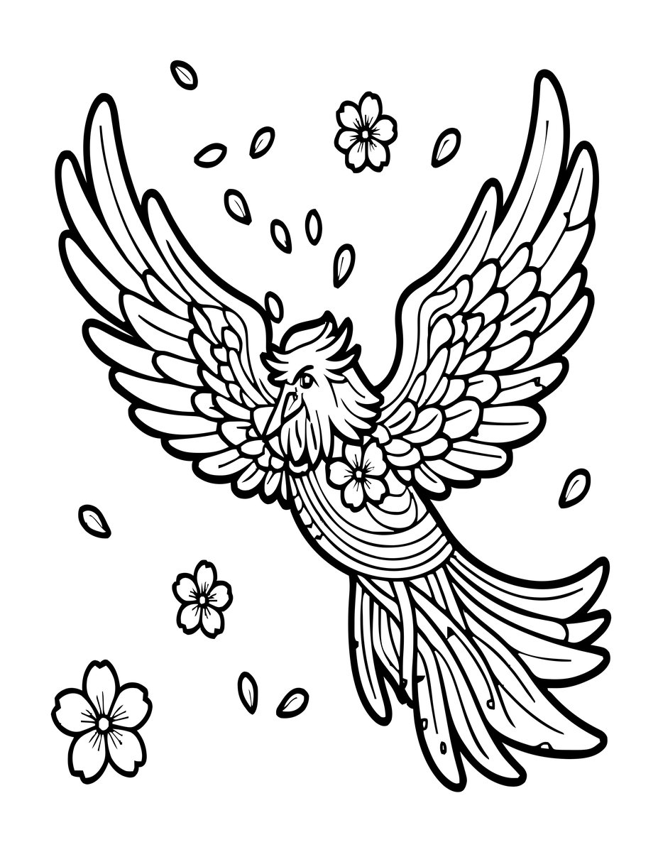 Phoenix and Cherry Blossoms - free printable coloring page