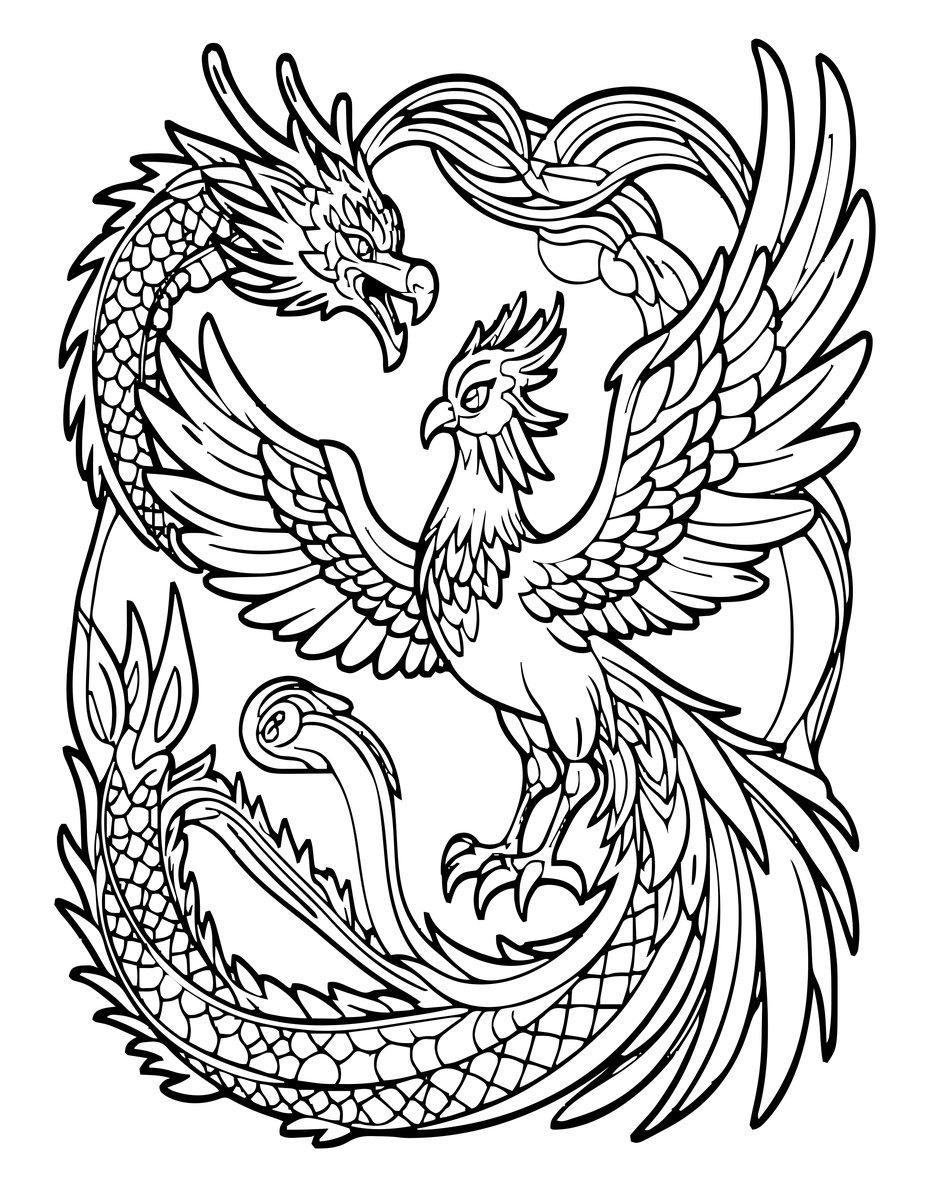 Phoenix and Dragon - free printable coloring page