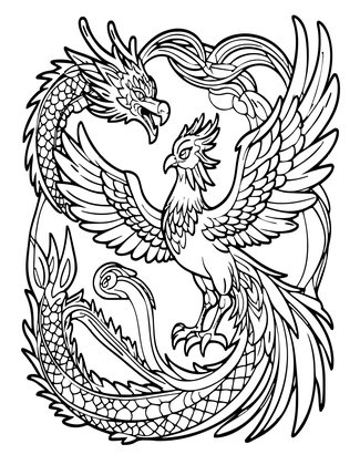 Phoenix and Dragon - Free printable coloring page