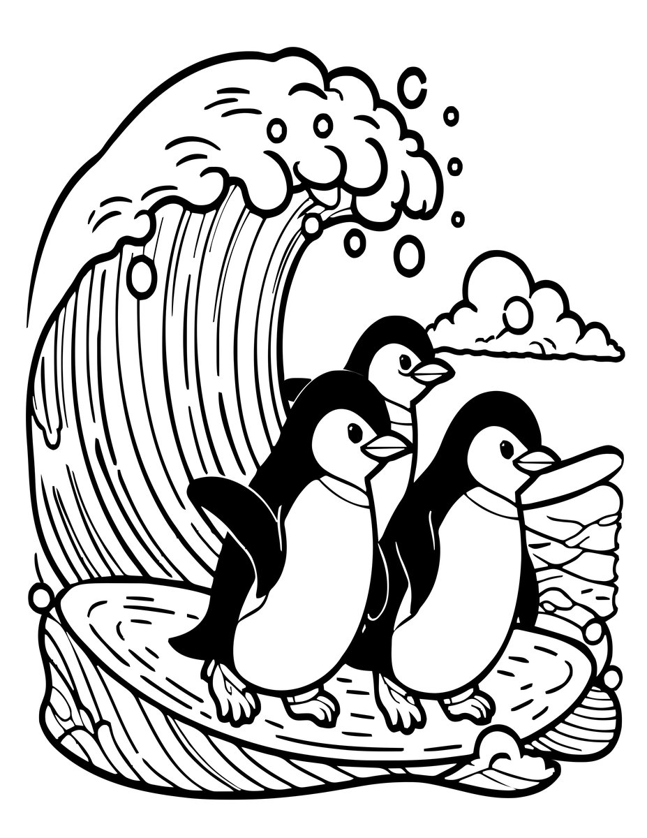 Penguins Surfing - free printable coloring page