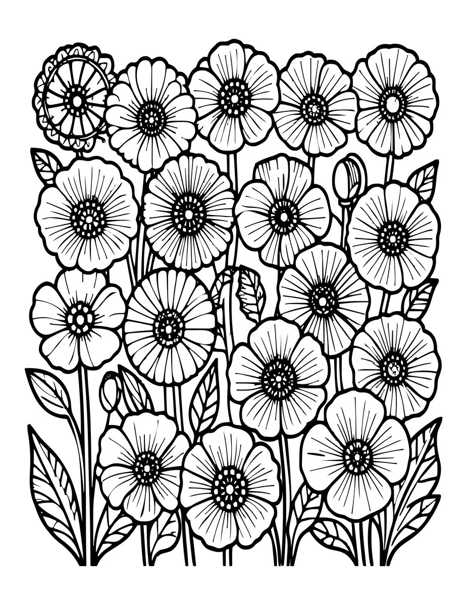 Poppy Border Garden - free printable coloring page