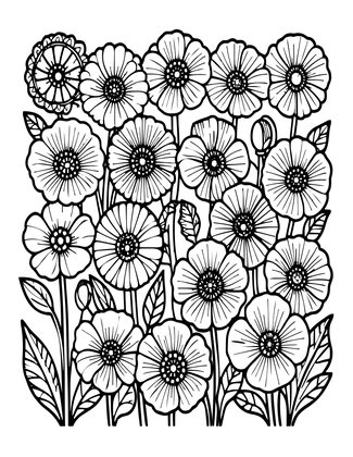 Poppy Border Garden - Free printable coloring page
