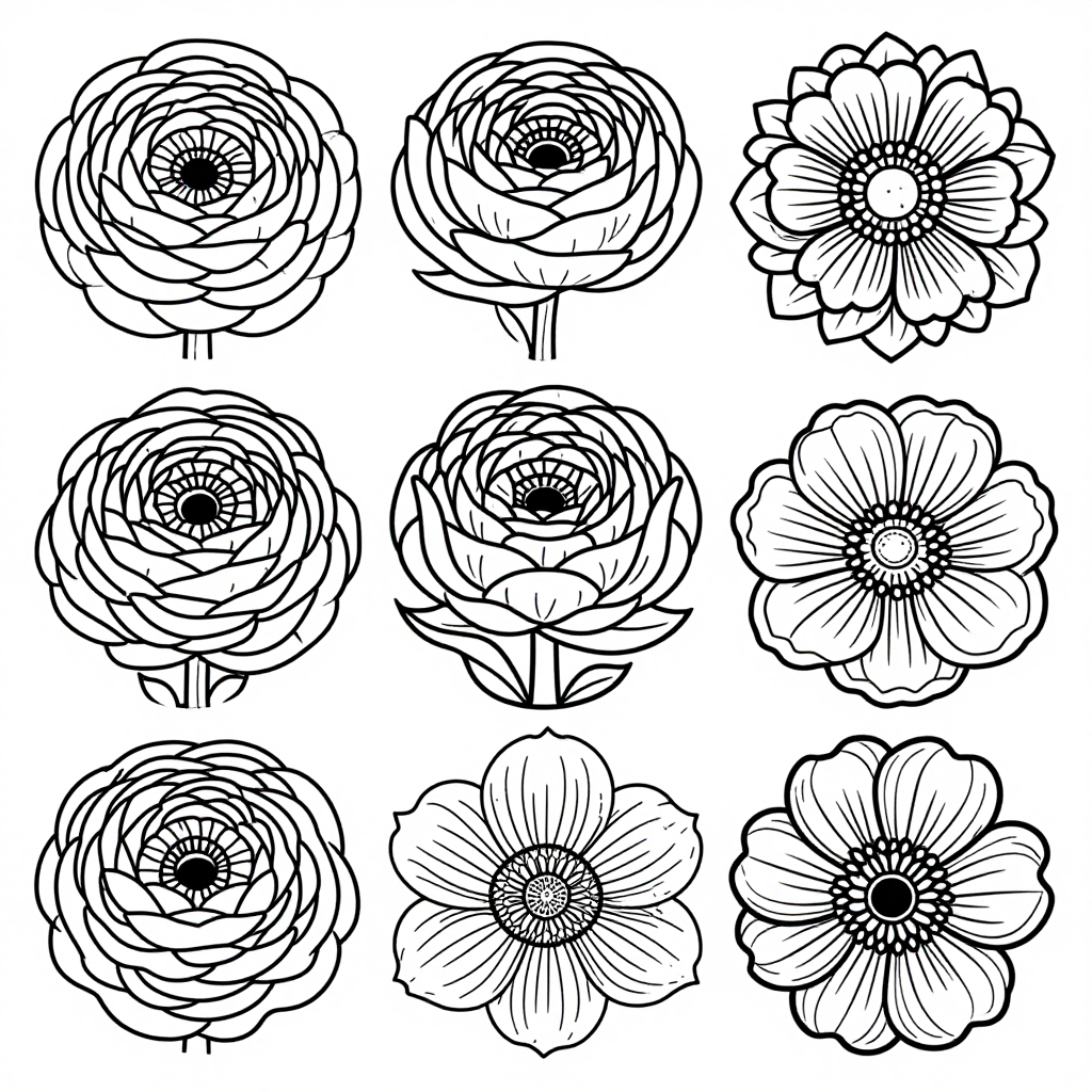 Ranunculus Anemones coloring pages collection - 30 free printable pages