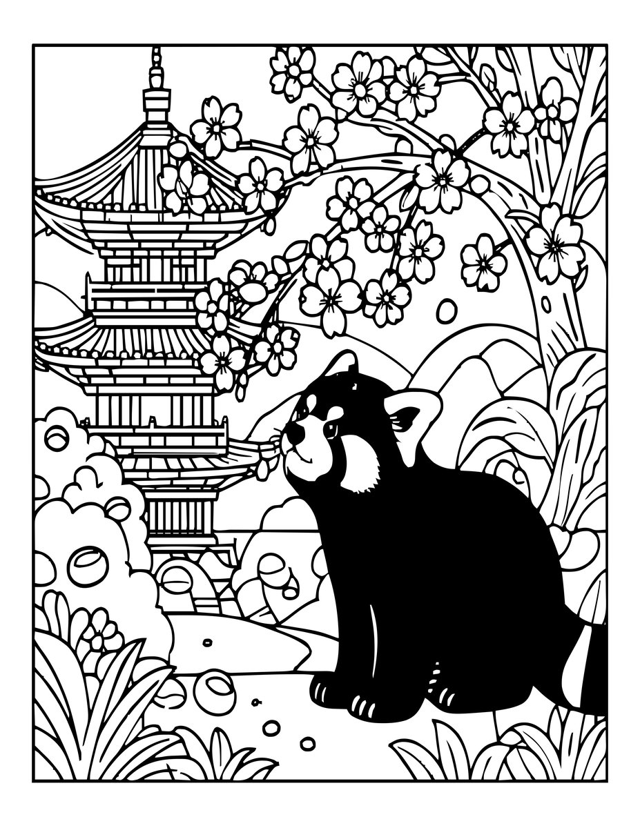 Red Panda and Flowers - free printable coloring page