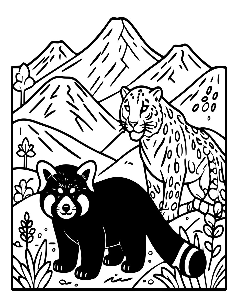 Red Panda and Snow Leopard - free printable coloring page