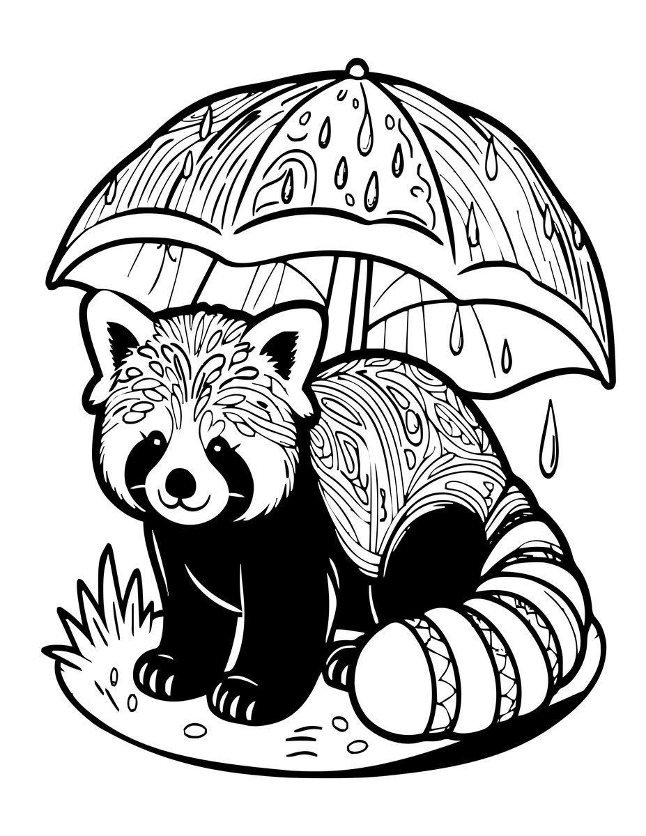 Red Panda in Rain - free printable coloring page