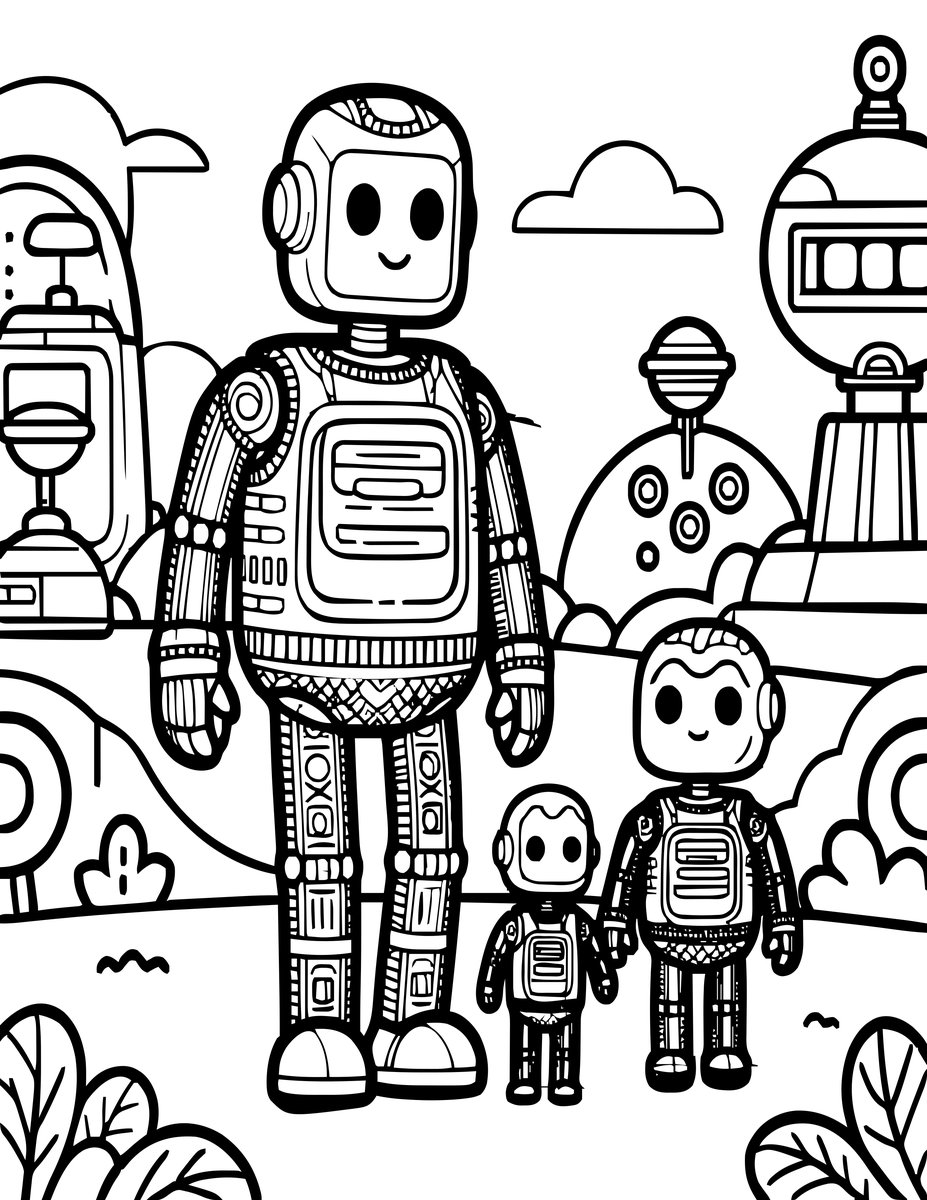 Robot Family - free printable coloring page