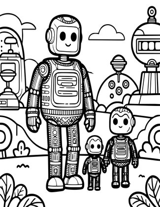 Robot Family - Free printable coloring page